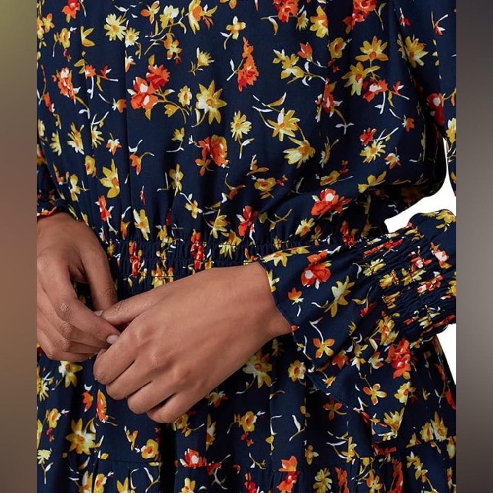 Whistles Navy Floral Smocked Waist Midi Dress Long Sleeve Ruffle Cuff - Picture 6 of 7